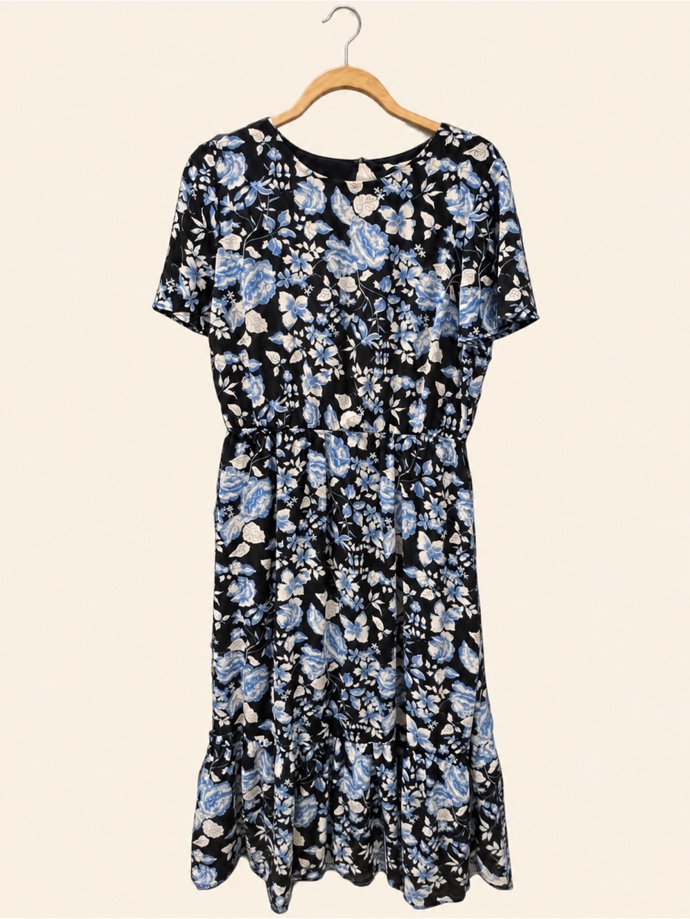 Collective Concepts Black Floral Midi Dress with Blue & Cream Blooms